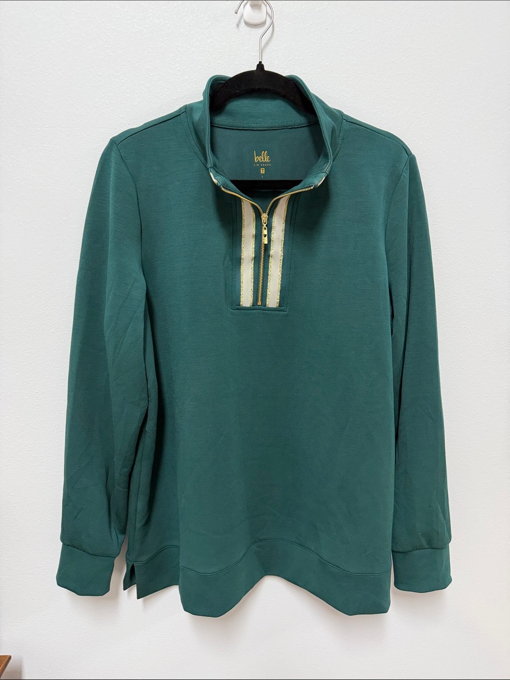 Belle by Kim Gravel Forest Green Half-Zip Pullover with Gold Trim